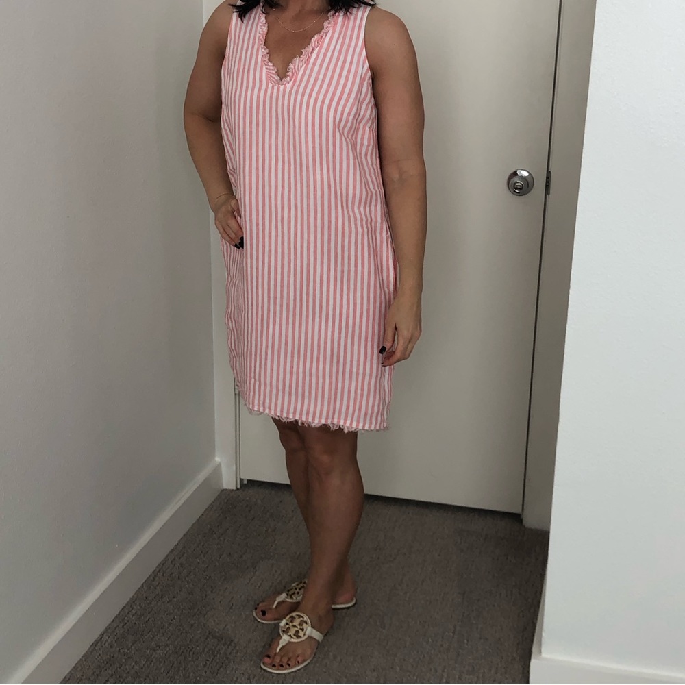 🤍 Tommy Bahama MINI CABANA STRIPE SHIFT DRESS,Sz S Linen Coral 🪸🤍